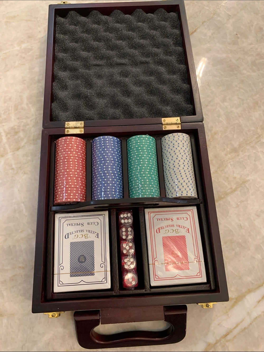 bcg Poker Set with Red, Blue, Green, Cream Chips and Dice